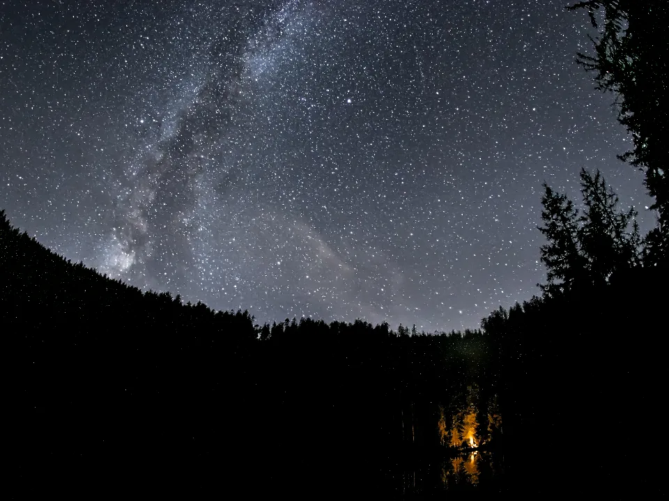 Sternenhimmel mit sichtbarer Milchstraße über einem dunklen Wald am Glaswaldsee, darunter ein kleines Lagerfeuer.