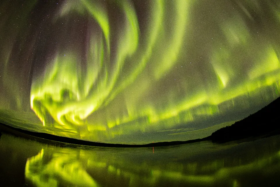 Grünes Nordlicht mit geschwungenen Lichtmustern am Nachthimmel über dem ruhigen Kattajärvi in Inari, Finnland. Die Lichter spiegeln sich im Wasser, während dunkle Baumlinien den Horizont säumen.